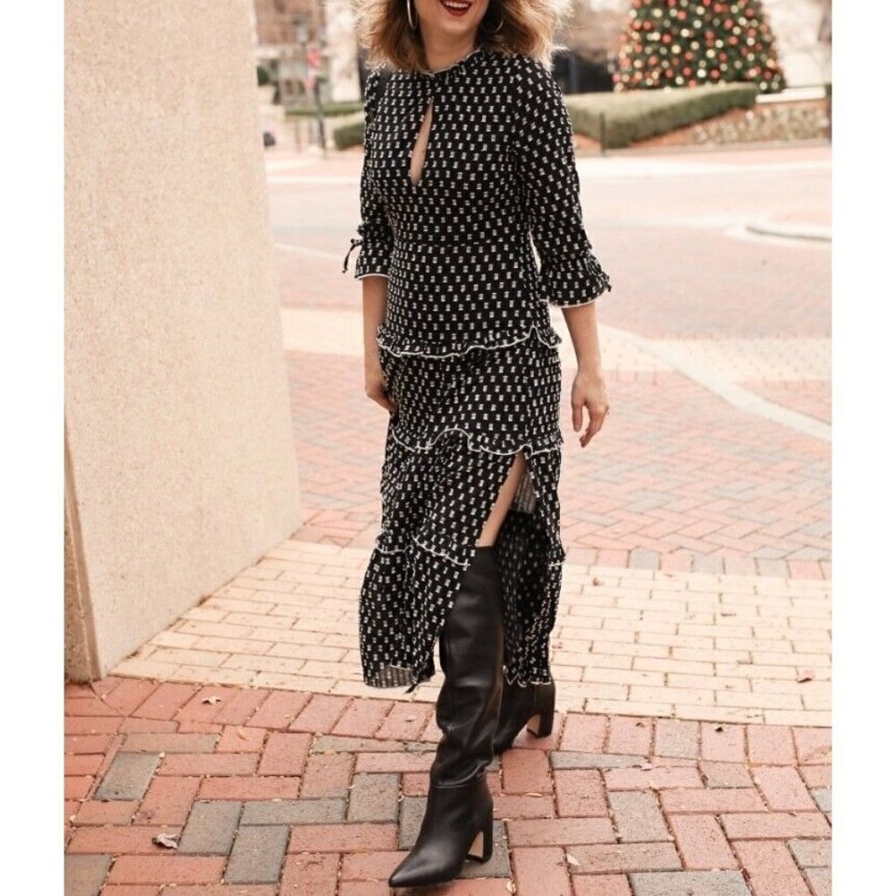 Rahi Cali Sz M Long Black Swiss Geometric Dot Square Ruffled Tiered Maxi Dress
